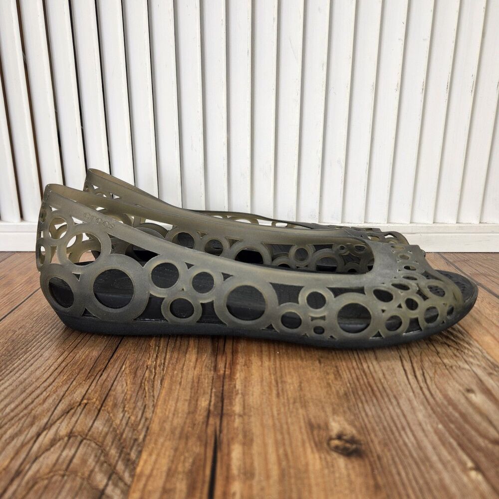 Crocs Adrina III Peep Toe Flats Womens Sz 11 Green Laser Cut Slip On Jelly Shoes